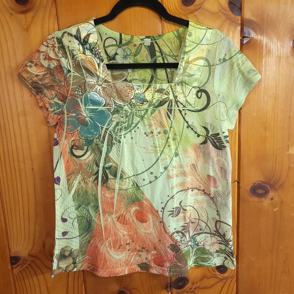 Y2k Green Floral Square aop Neck Short Sleeve Top with Rhinestone Embellishments